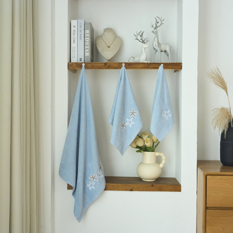 Souderton Home Decor Premium Luxury Ultra Soft 100% Cotton Embroidery Kitchen Bathroom Modern 3 Piece Embroidered Towel Set, Starfish with Blue Base Pattern