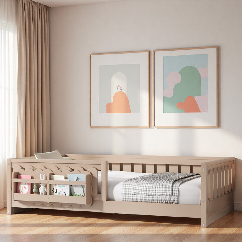 Lit plateforme en bois avec garde-corps et tablettes de rangement, Lit simple