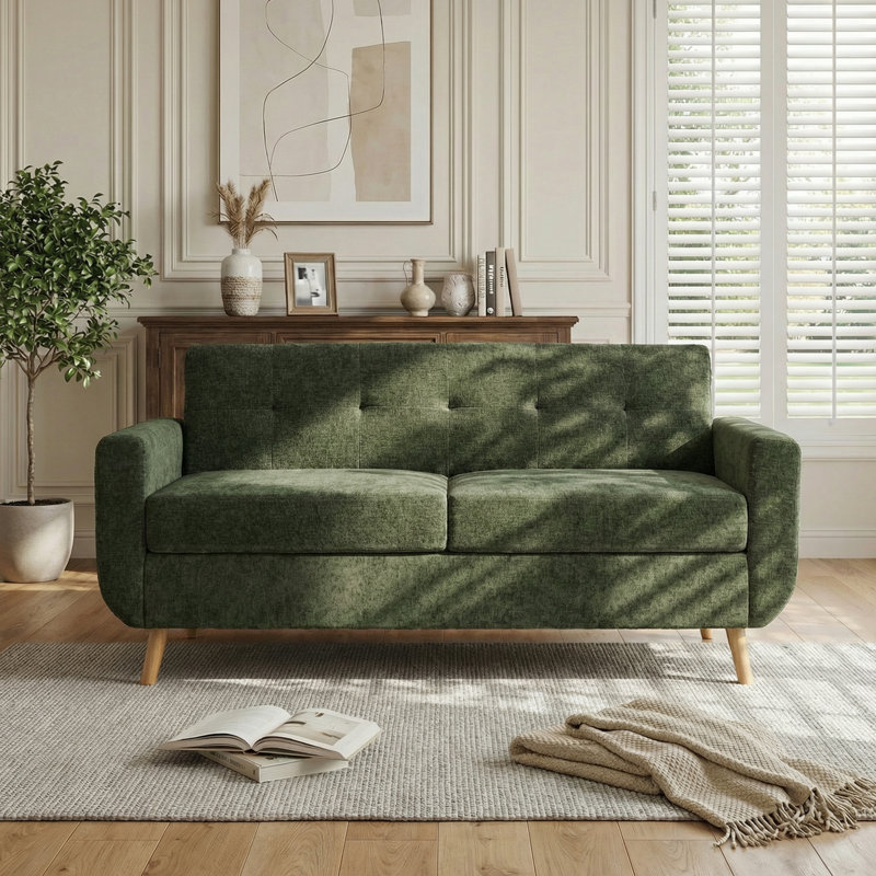 66" Upholstered Chenille Loveseat Square Sofa Couch, Dark Green