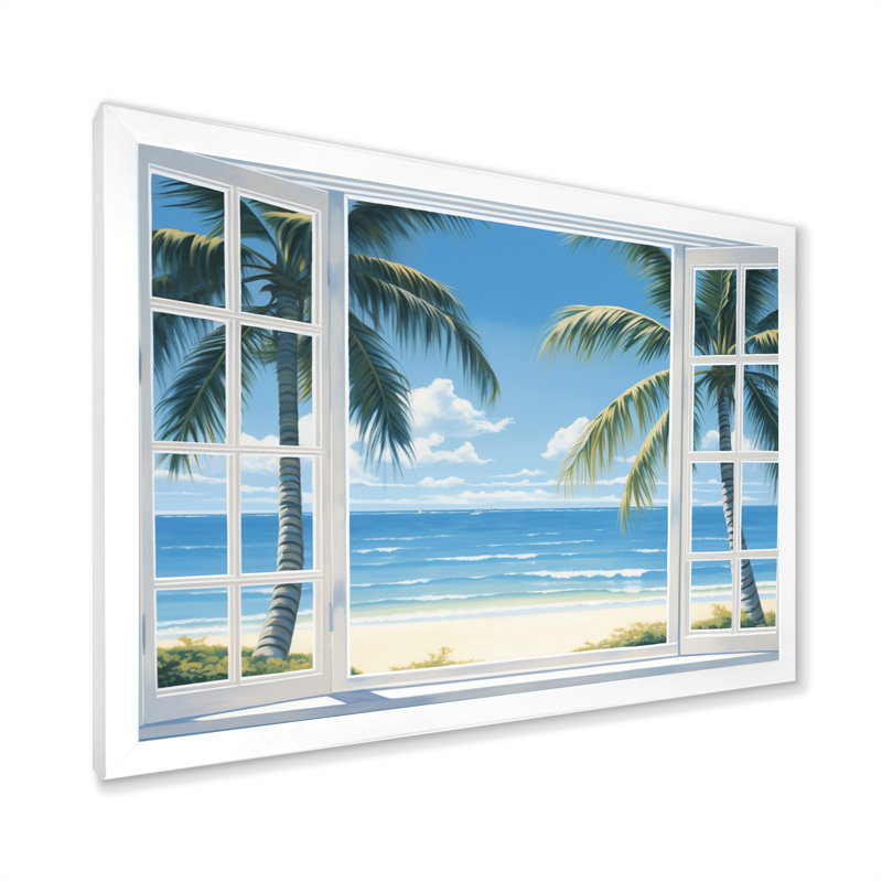 Vue sur l'océan par une fenêtre blanche ouverte I - art sur toile côtier, H 24 po x l 32 po x P 1 po, Cadre photo blanc