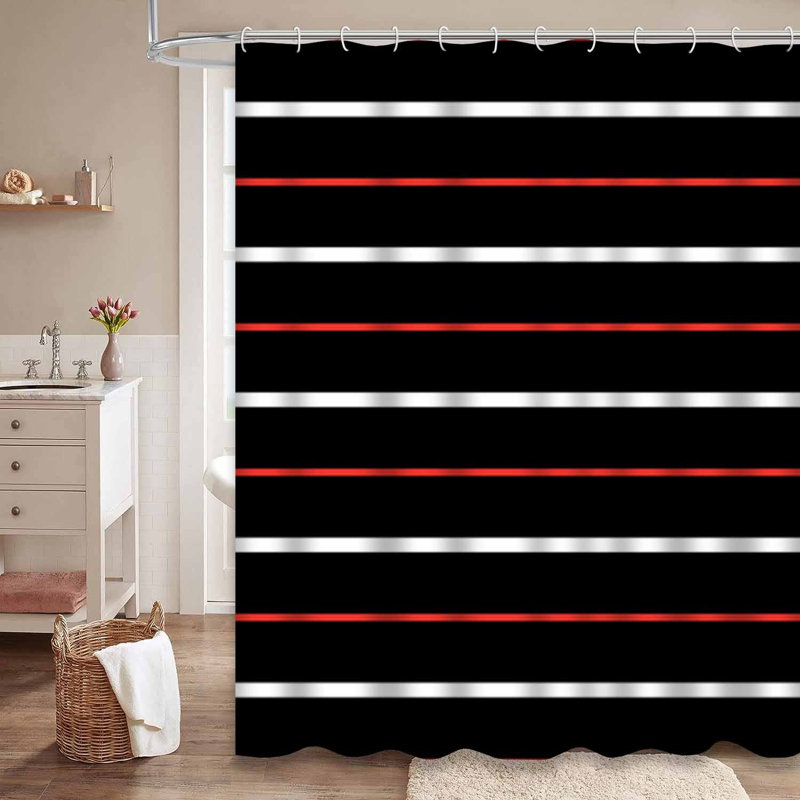 Rideau de douche sans couture à larges rayures rouge et blanc avec 12 crochets, L 72 po x l 84 po