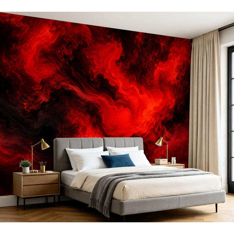 Papier peint adhésif autocollant abstrait noir et rouge, encre acrylique fantastique, motifs tourbillonnants chaotiques, papier autocollant amovible pour décoration de salon, chambre à coucher H 100 po x l 144 po