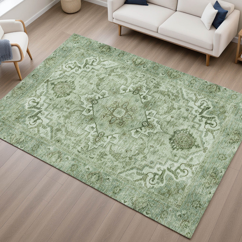 Premium Machine Washable Mayfield AMF2164 global Rug, Aloe, Rectangle 2'6" x 3'10"