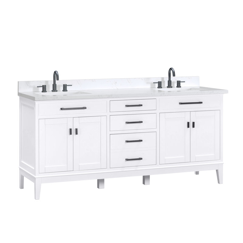 Madison 72" Double Bathroom Vanity Set, White, 61", Cala White Engineered Stone