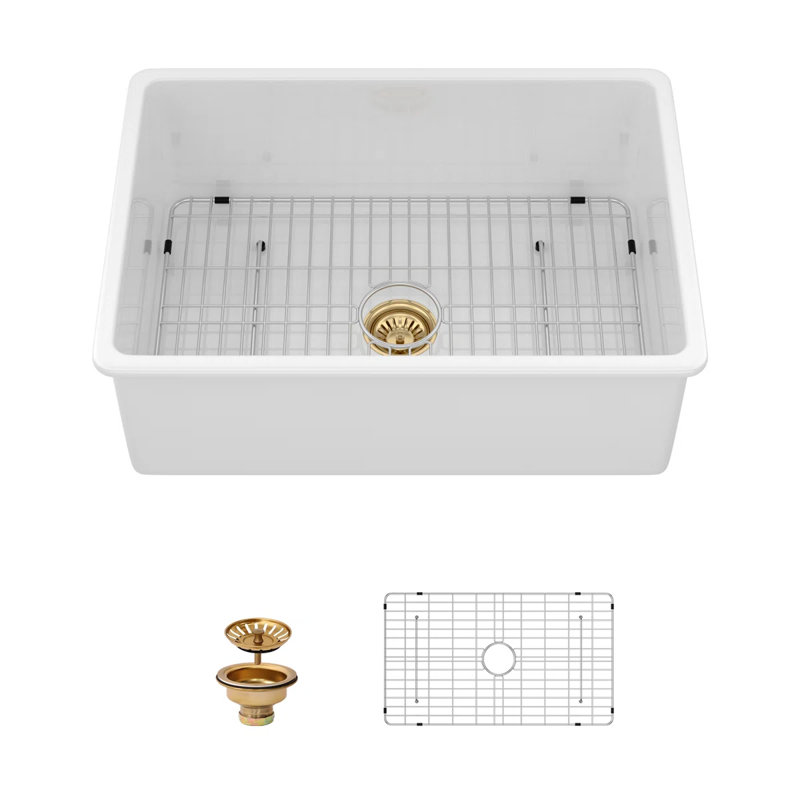 27" Lx 19"W x 10"H White Ceramic Undermount Sink Single Bowl Kitchen Sink with Drain Assembly and Bottom Grid