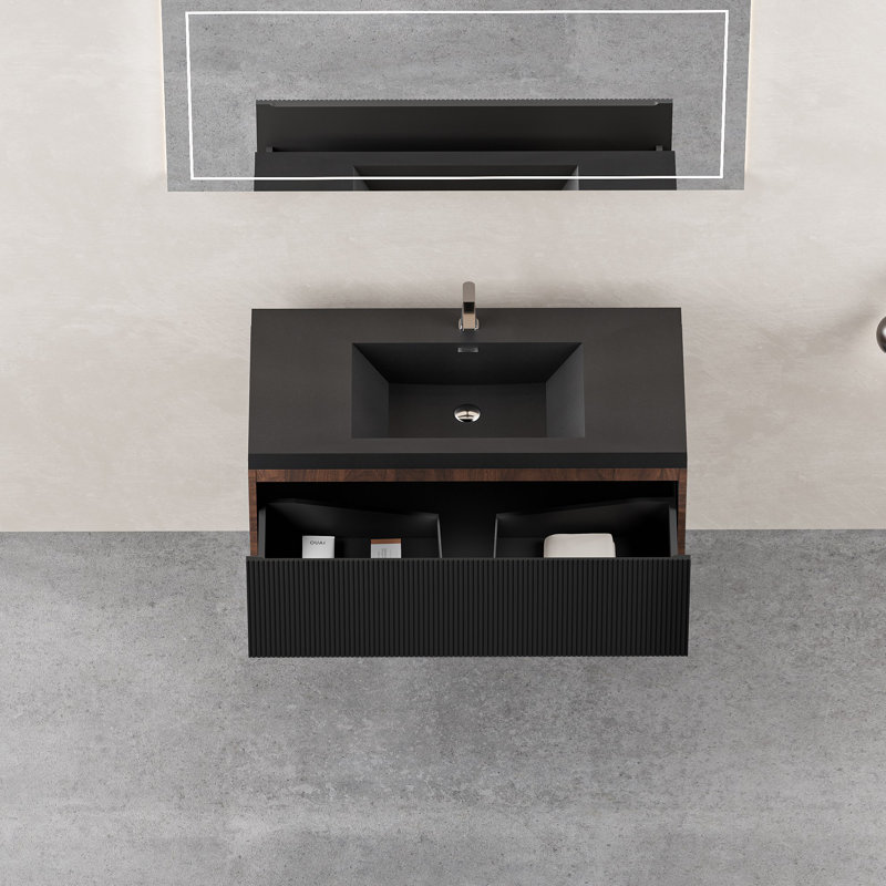 Ensemble de meuble-lavabo flottant 36 po avec lavabo 36 po, meuble de rangement mural moderne rayé avec tiroir à fermeture en douceur et lavabo à surface solide blanc brillant, 24V16-36NOW