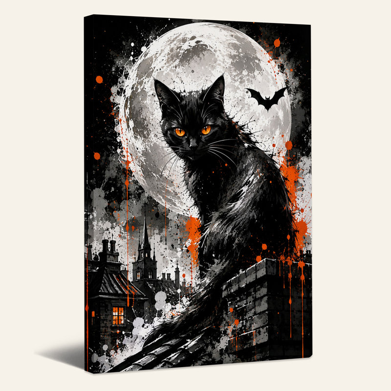 Art mural sur toile, "Chat noir avec yeux orange sur le toit", H 24 po x l 18 po