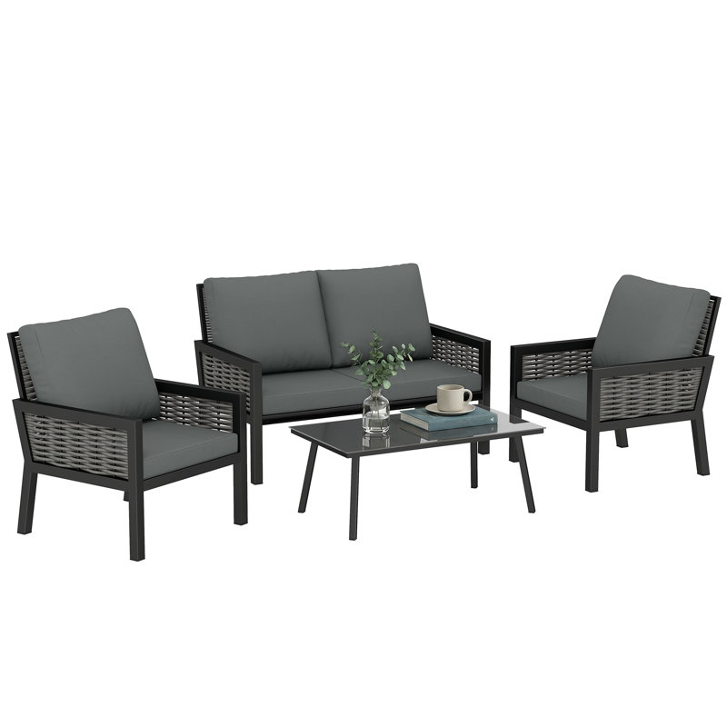 Rattan Sofa Set, Grey Cushion/Dark Grey Frame