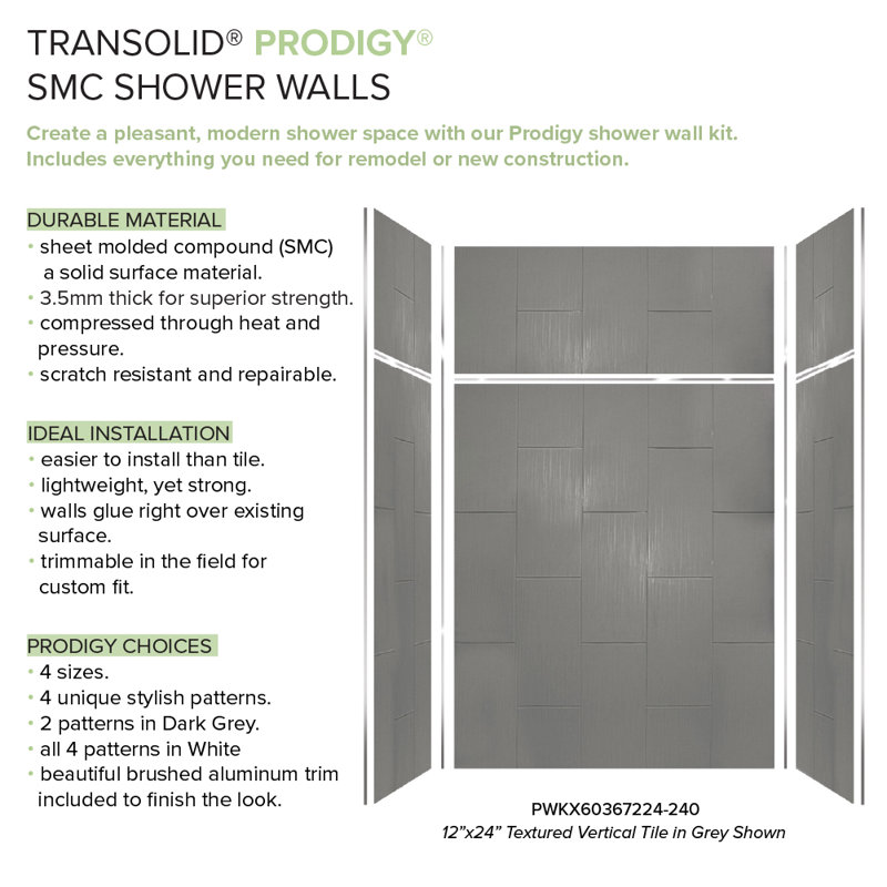 60'' W 36'' D 96'' H Glue Up Solid Surface Wall, Dark Gray
