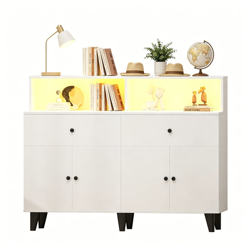 Armoire de cuisine moderne avec prises de courant et lumière DEL - Buffet autoportant de 47,2 po, tablettes réglables, tiroirs, huche de table basse pour le salon ou la salle à manger.