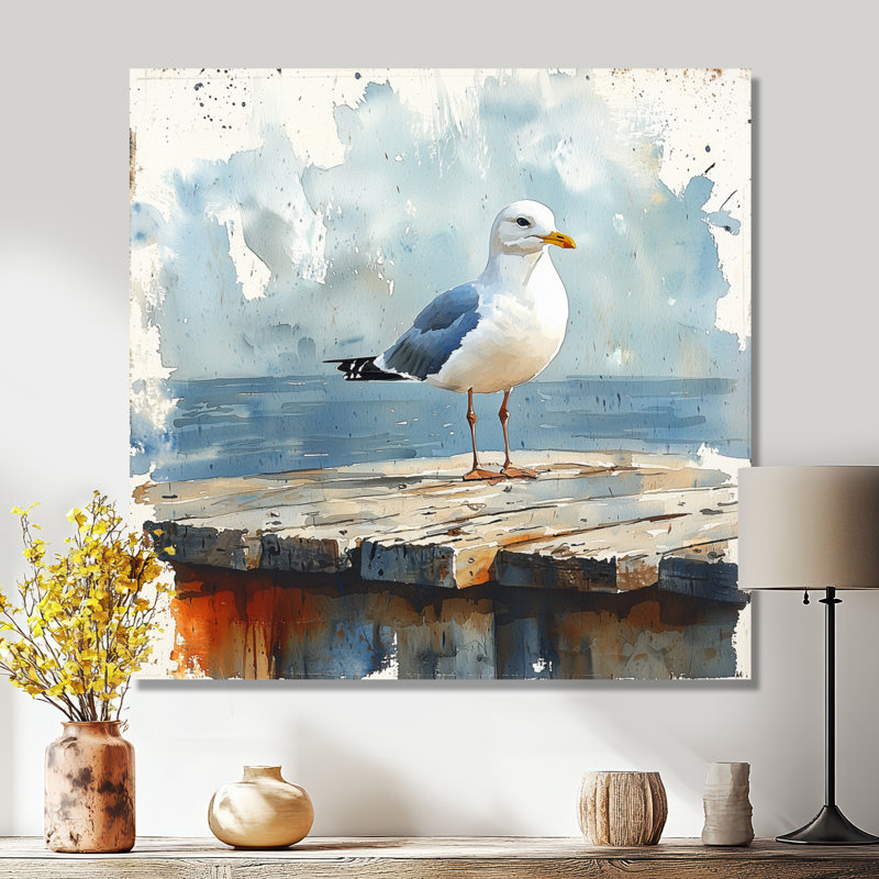Mouette sur le quai II - reproduction d'art moderne en métal, décoration murale oiseau en métal, H 16 po x l 16 po