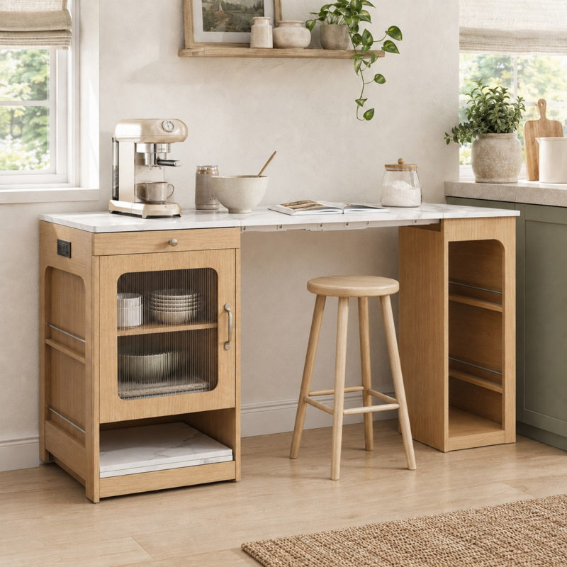 Îlot de cuisine 59,5 po avec table de salle à manger extensible, prise de courant, 2 tiroirs, armoire à porte vitrée et rangement double-face