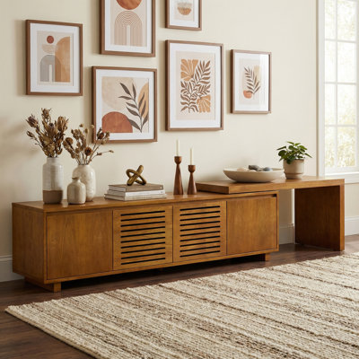 Meuble télé Mid-Century moderne pour téléviseur de 80 po ou moins, console de divertissement avec bureau réglable, meuble multimédia avec rangement pour le salon - brun