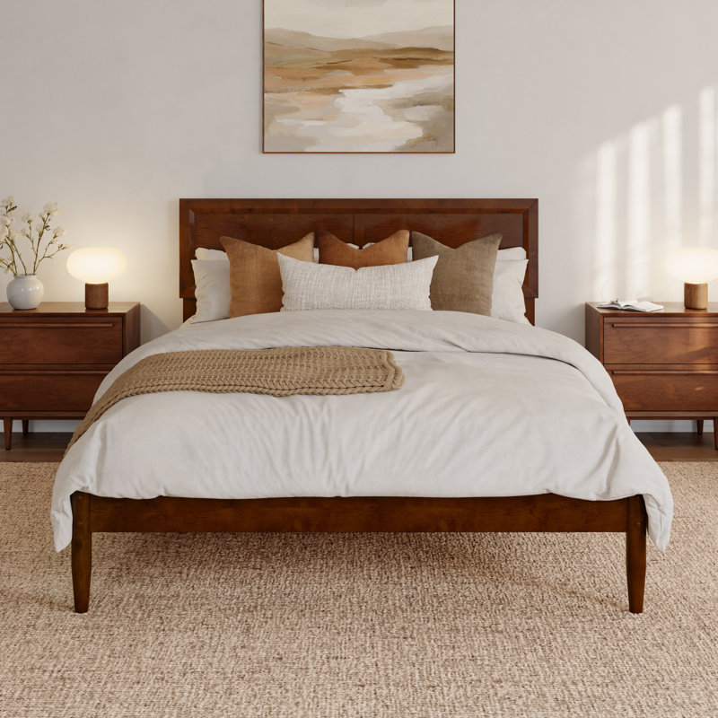 Lit plateforme avec tête de lit réglable Ellarie, Walnut, Lit double