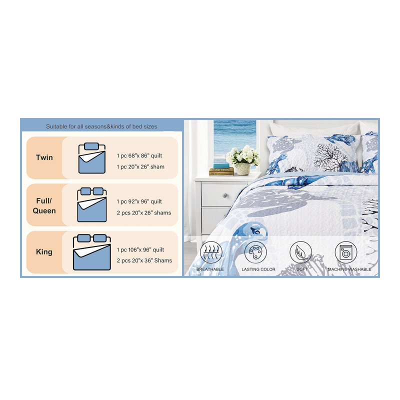 Marine Polyester Quilt Set Summer Bedding Lightweight Quilts, King Quilt + 2 King Shams, Dark Blue Animal Print