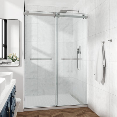 60 In. W X 66 In. H Double Sliding Semi-Frameless Bath Shower Door In Brushed Nickel With Easy-Clean 3/8 In. Glass