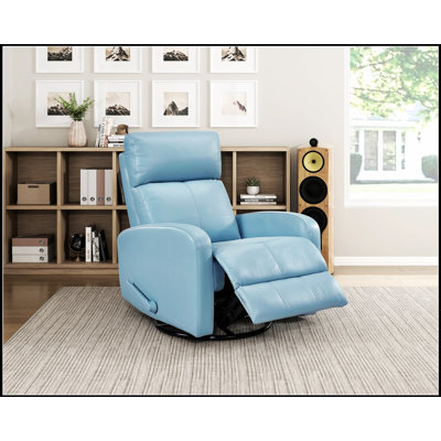 Fauteuil inclinable luxueux en cuir bleu avec mouvement pivotant, structure en bois massif et mousse haute densité pour un confort ultime