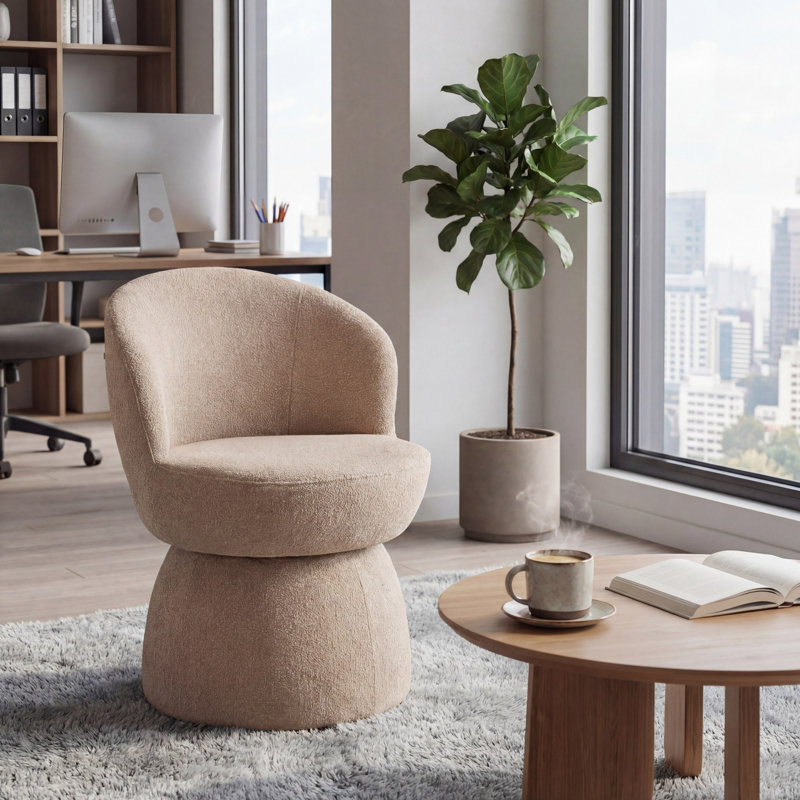 Upholstered Boucle Accent Chair Swivel Armless Barrel Chiar, Coffee Polyester Blend