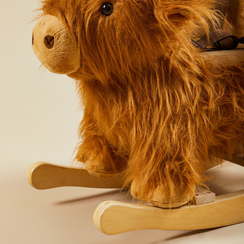 Cheval à bascule en peluche avec base en bois et sangle de sécurité, Beige