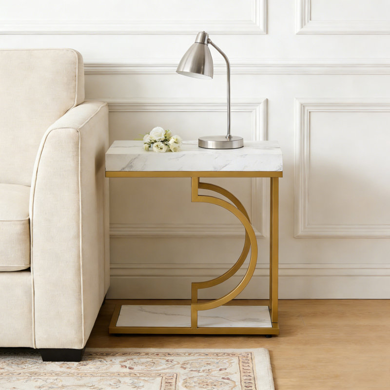 Bedside Table,End Table, Gold,White