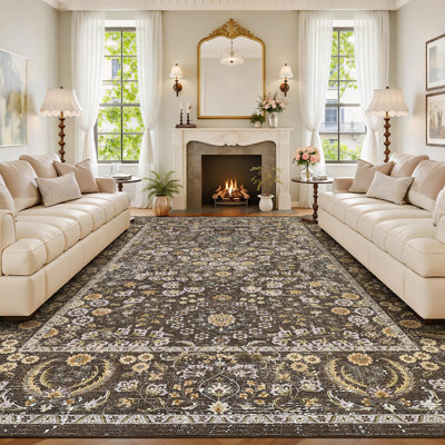 Vintage Boho Area Rug, Washable Floral Non-Slip Low-Pile Rug, Stain Resistant Soft Carpet for Living Room, Bedroom, Dining Room