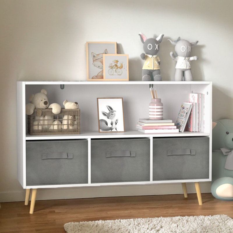 Children's Multi-Purpose Bookshelf With Collapsible Fabric Bins, White/Grey