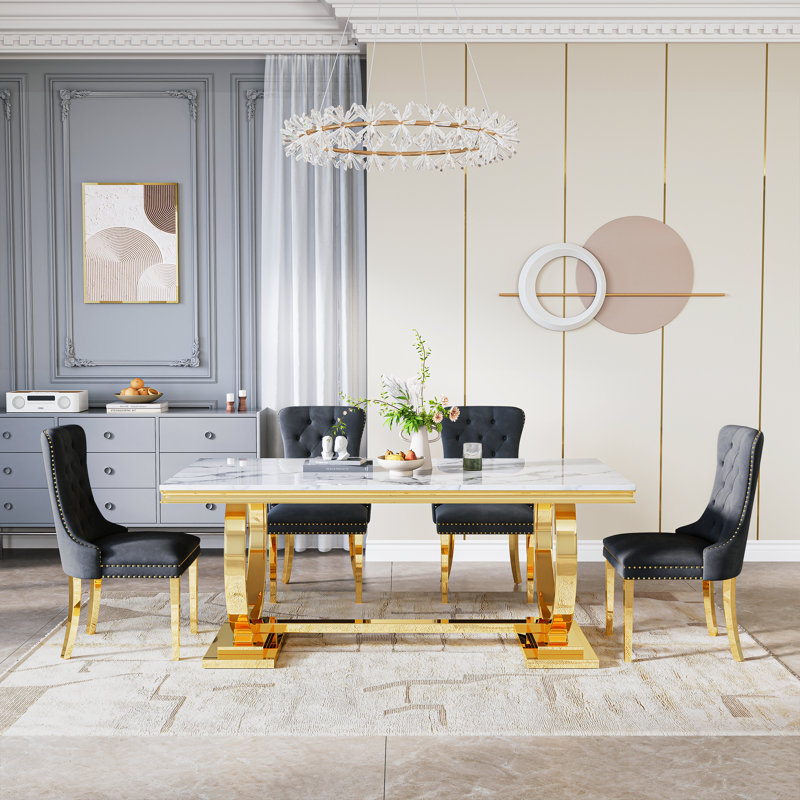 Rectangular 70.1"L X 35"W Dining Set, Black/Gold, White/Gold, 5 Pieces: Table, 4 Chairs
