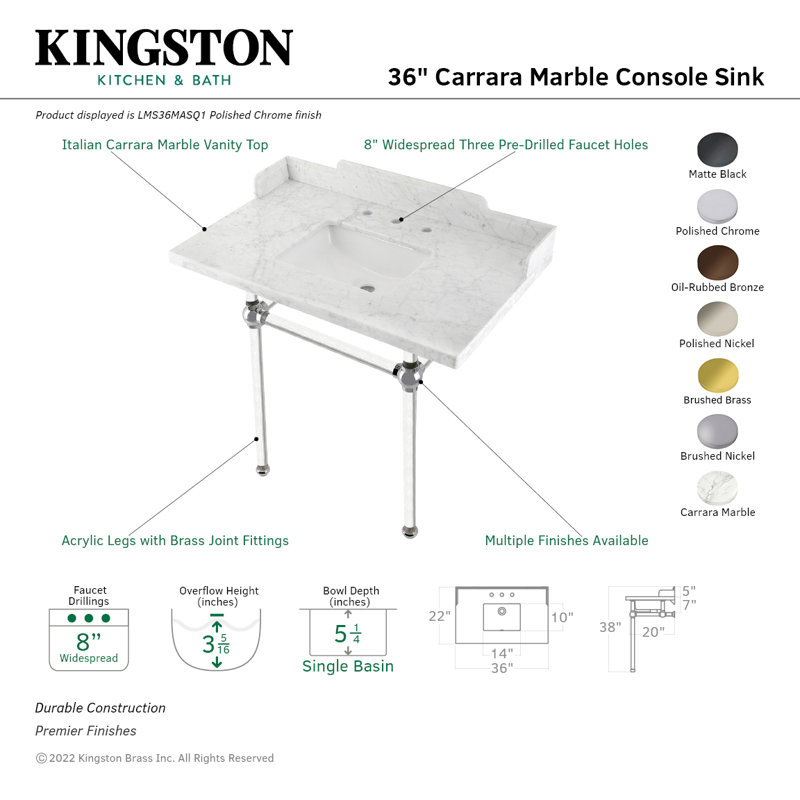 Lavabo console en marbre de Carrare de 36 po avec pieds en acrylique Kingston LMS36MASQ0 Kingston White, marbre / noir mat