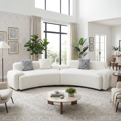 122" Modern Curved 4‑Seater Sofa, Half‑Moon Upholstered Couch with 2 Damask Throw Pillows for Living Room, Light Beige