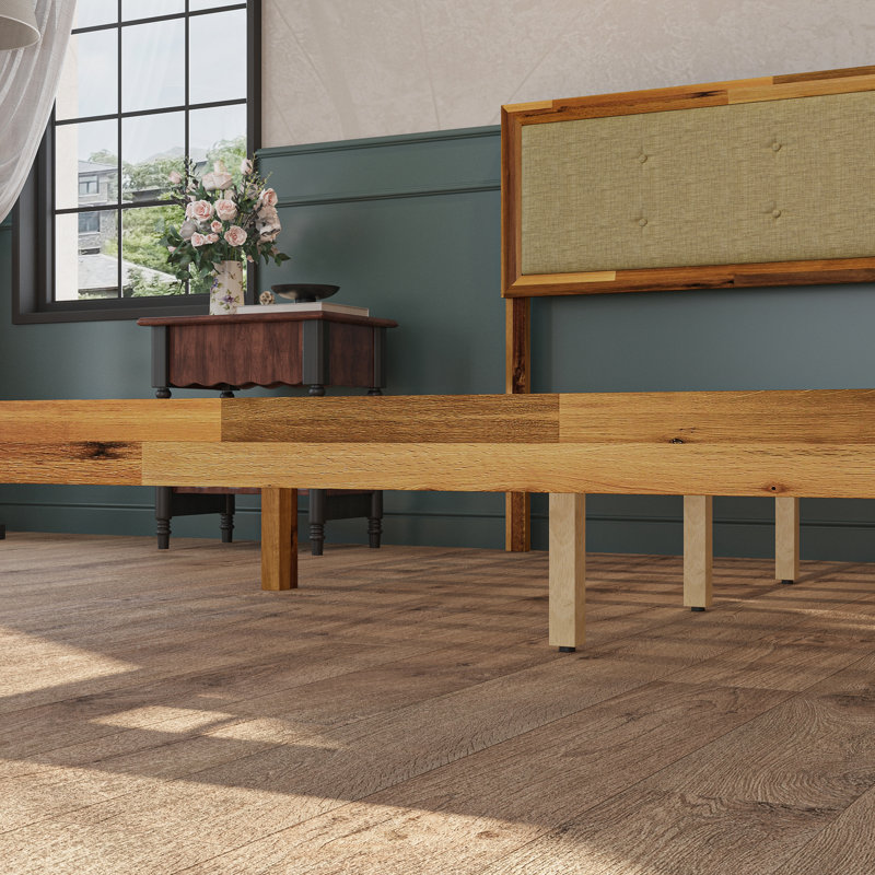 Rustic Solid Acacia Wood Platform Bed Frame With Upholstered Headboard, No Box Spring Needed