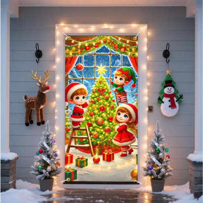 Christmas Door Banner With 3 Children And Tree For Home And Party