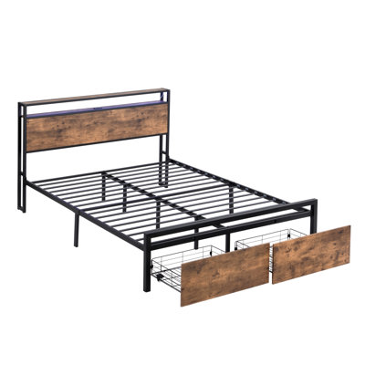Full Size Bed Frame With Storage Headboard And 2 Drawers, LED Lights Bed With Charging Station, Metal Platform Bed No Noise, Mattress Foundation Strong Metal Slats Support No Box Spring Needed