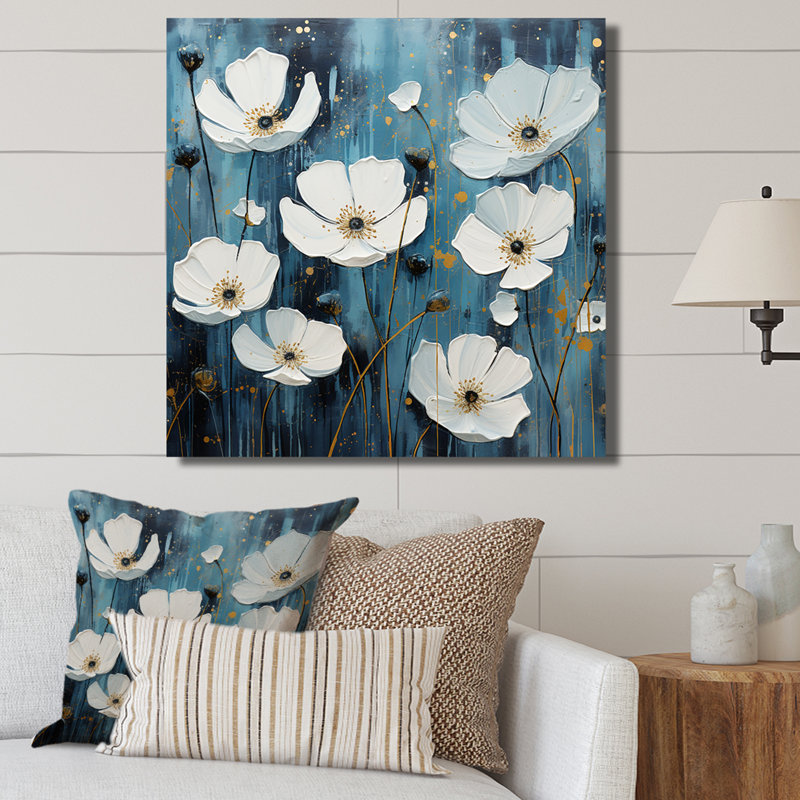 «White and Blue Buttercups Minimalisme II», reproduction sur toile, Toile tendue, H 36 po x l 36 po x P 1,5 po