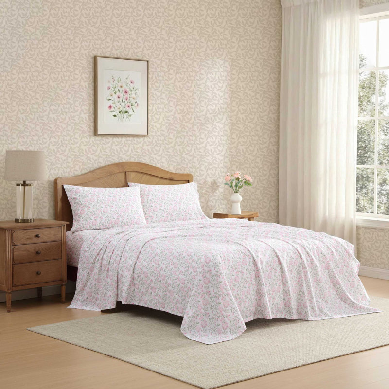 Ensemble de draps en percale de coton Laura Ashley, Ensemble de draps pour très grand lit avec 2 taie, Blossom Bliss - rose