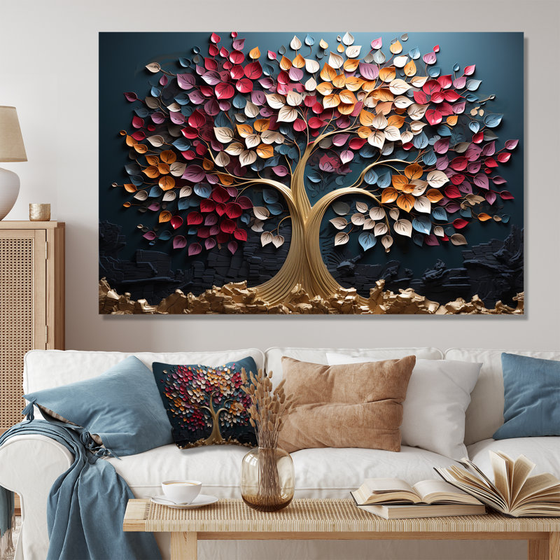 Arbre doré rose et bleu sur fond bleu - Art mural arbre, Toile tendue, H 40 po x l 60 po x P 1,5 po