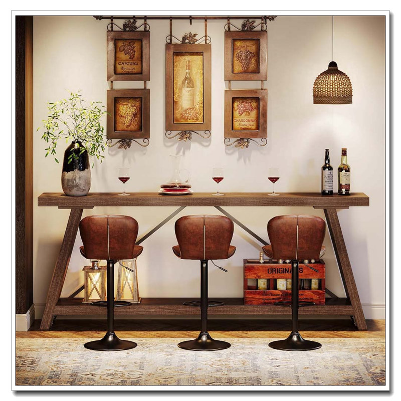 Industrial Extra-Long Two-Tier Console Table with Storage Shelves, Light Brown