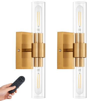 Ensemble de 2 appliques murales dorées à piles avec télécommande, 12 000 mAh rechargeables, lampes murales à intensité variable sans fil pour chambre à coucher, salon, salle de bain, couloir, entrée, escalier