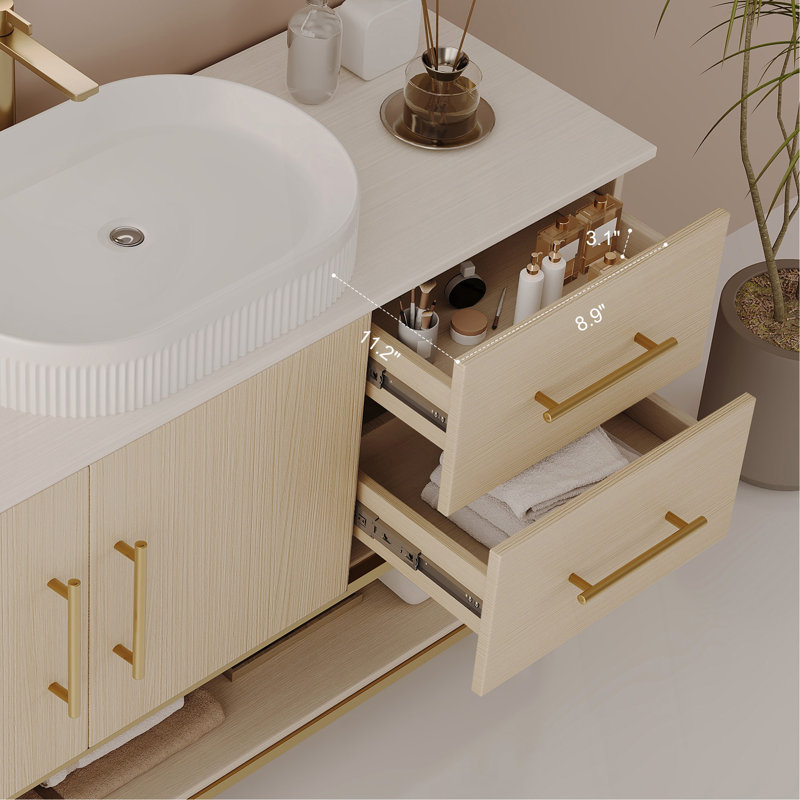 Meuble-lavabo moderne de 36 po avec lavabo vasque en céramique, armoire d'appoint dorée, Oval, Ameican White Oak