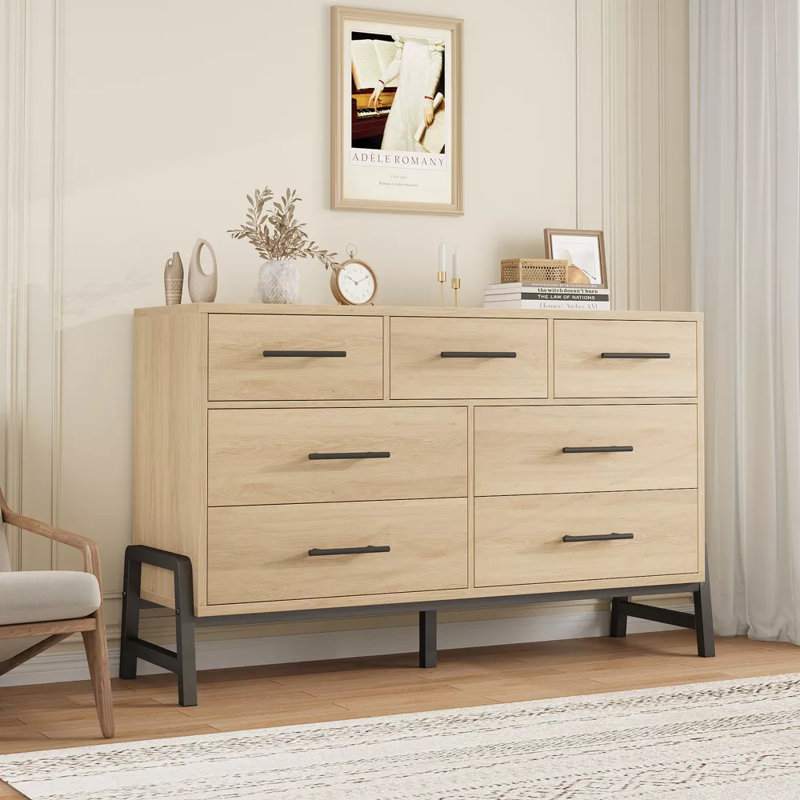 Commode à 7 tiroirs l 52 po Mangu, commode large avec rangement, commode en bois pour commode pour chambre, Naturel