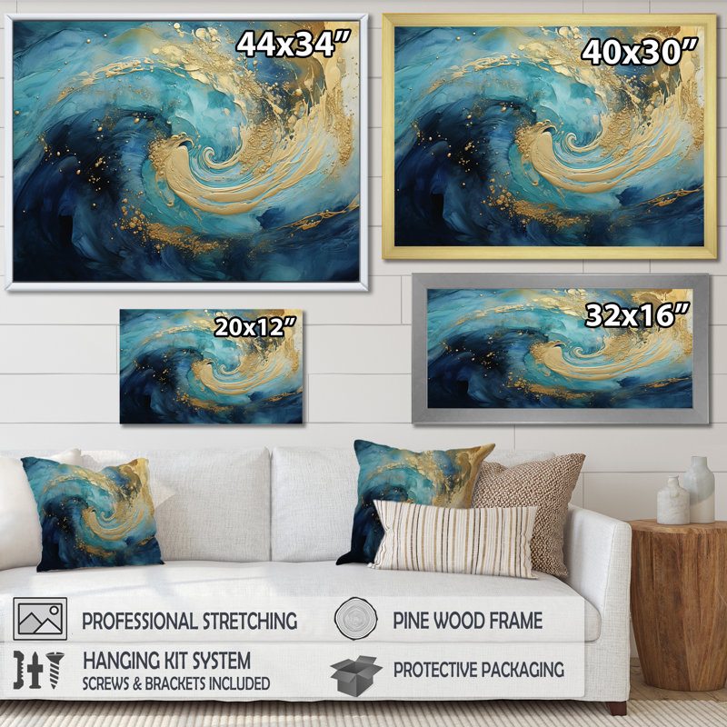 Golden Sapphire Surge IV - Abstract Spirals Wall Art Living Room, H 16 po x l 32 po x P 1 po, Cadre flottant noir