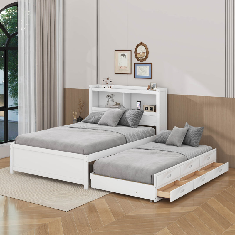 Lit plateforme double avec tiroirs, lit gigogne et prises USB, Blanc