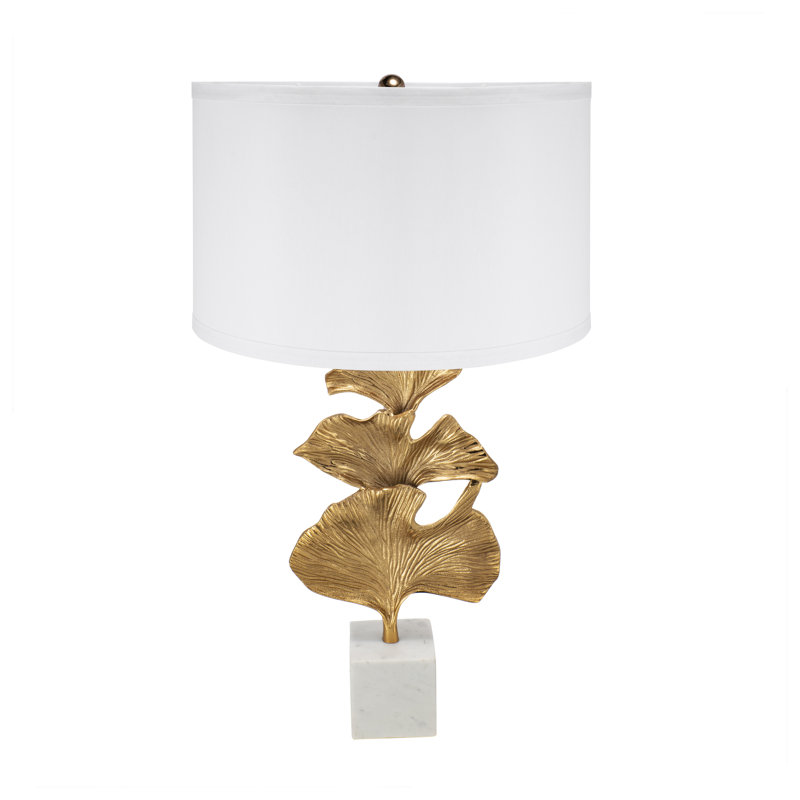 Modern Gold Table Lamp with Marble Base - 17x30.2 Inch Ginkgo Leaf Design White Drum Shade for Bedside, Living Room & Office Decor