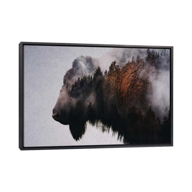 Bison par Andreas Lie - impression d'art graphique, Toile avec cadre noir patiné, H 18 po x l 26 po x P 1,5 po