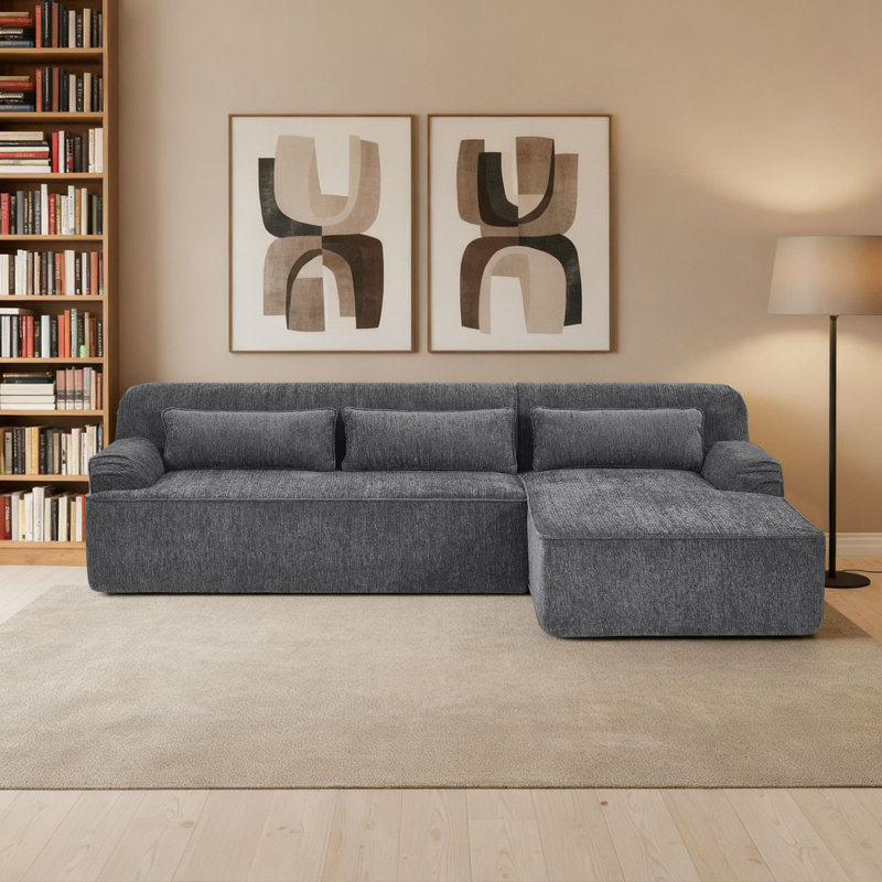 Modern Minimalist L-Shaped Chenille Upholstered Sectional Sofa with Storage Pockets and Three Pillows, Left Hand Facing