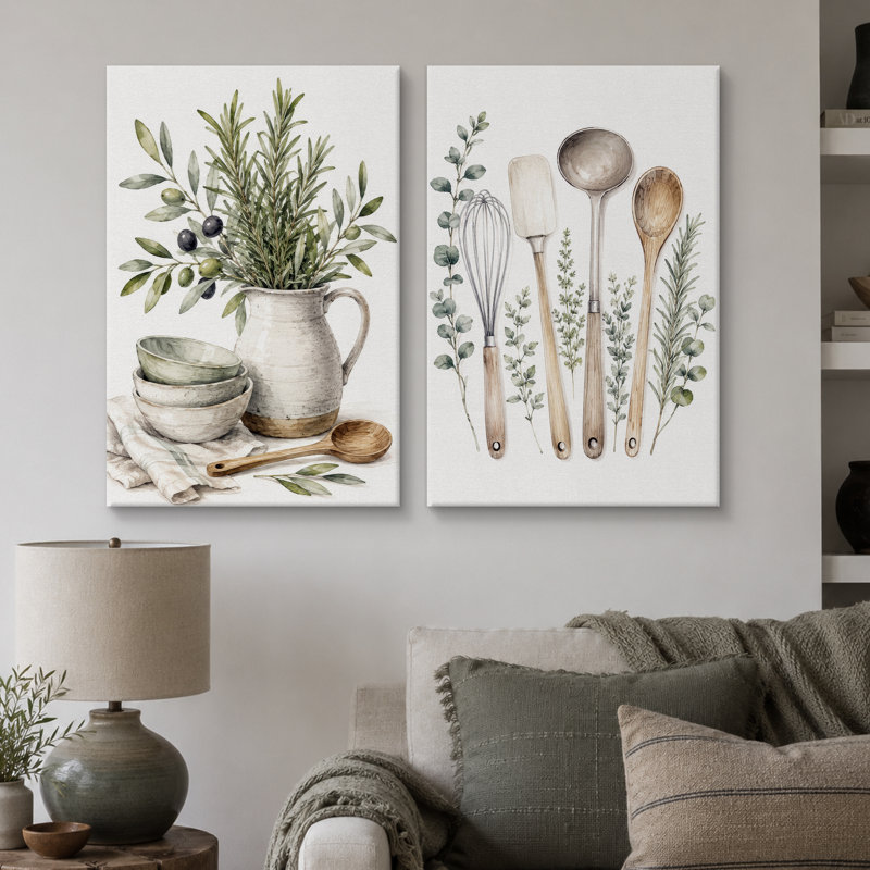 «Farmhouse Kitchen Herb and Utensil Artwork», images de cuisine, impression sur toile encadrée, 2 pièces, Wrapped Canvas