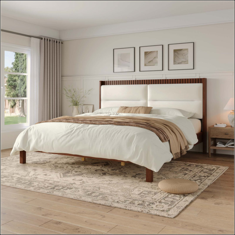 Structure de lit plateforme en bois massif avec tête de lit tapissier en velours beige, aucun sommier tapissier requis, King
