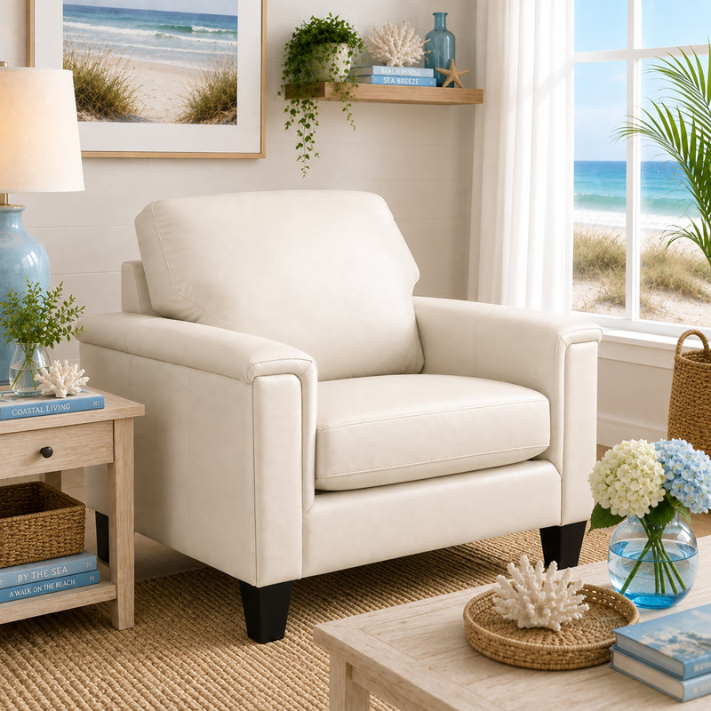 Fauteuil en cuir fleur 37 po Benson, Cuir véritable crème
