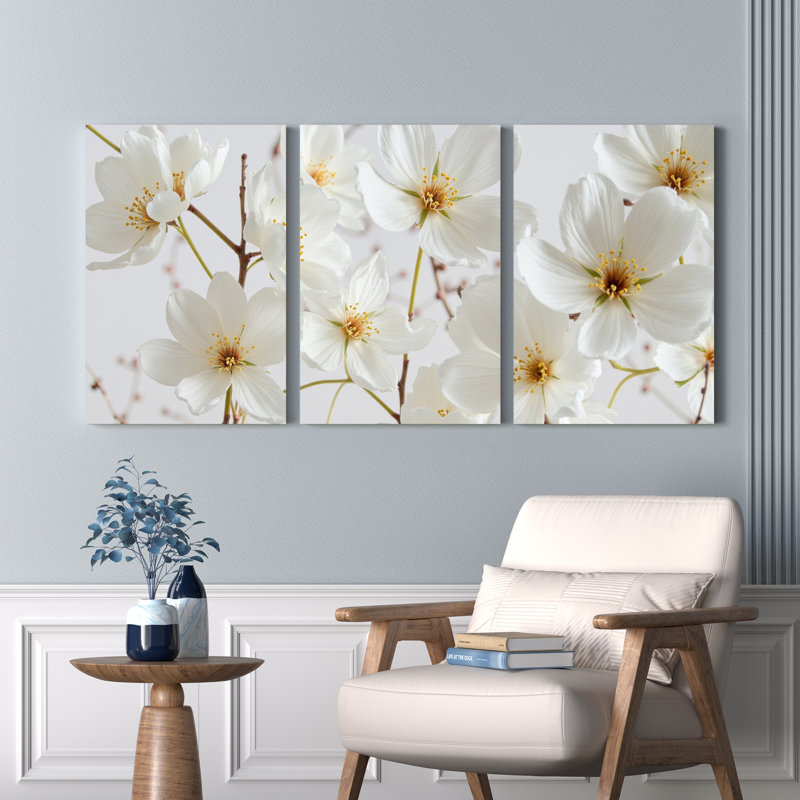 Fleurs de cerisier blanches, reproduction d'art sur toile tendue sur toile, ensemble de 3, pour salon, chambre à coucher, décoration intérieure