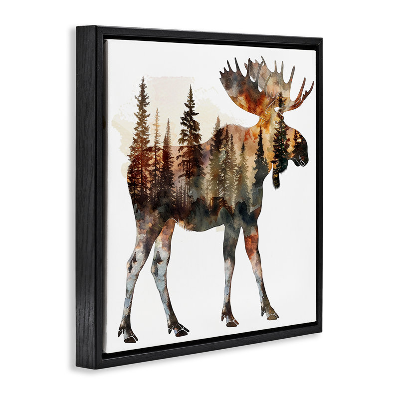  "Moose Forest Silhouette", art mural encadré par LSR Design Studio, Cadre flottant noir de jais, H 18 po x l 18 po
