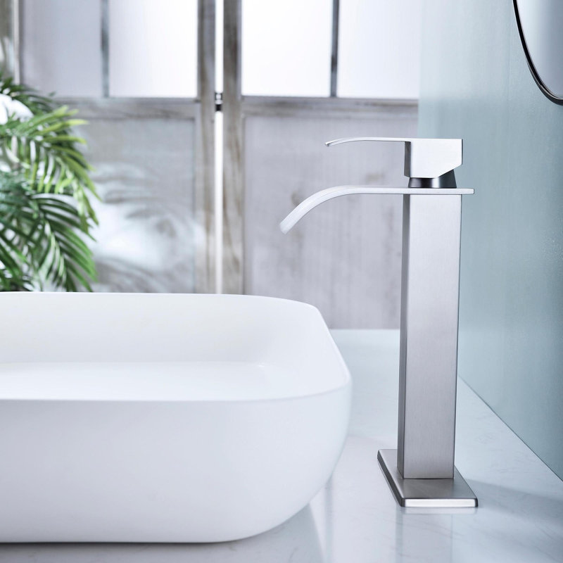 Waterfall Spout Bathroom Sink Single Handle Faucet with Pop-Up Drain (No Overflow), Brushed Nickel